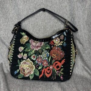Mellow World Black Floral Tapestry Beaded Hobo Bag Faux Croc Trim Shoulder Bag